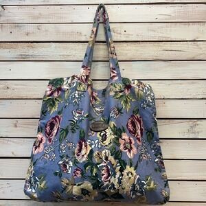 Vintage Gitano Floral Tote Bag Canvas Carryall Cottagecore Boho Blue Green